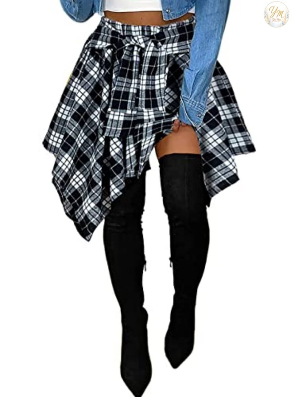 High Waisted Plaid Skort with Tie Front & Pleated Asymmetrical Hem